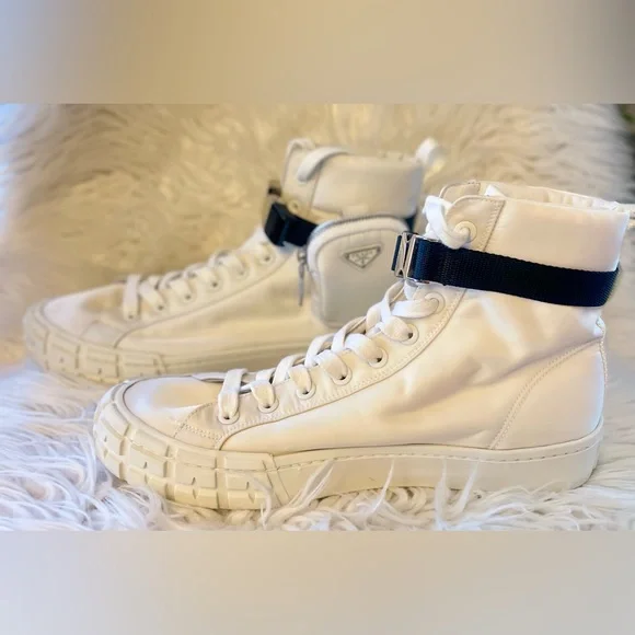 Prada White High-Top Sneakers with Black Strap - Picture 3 of 14